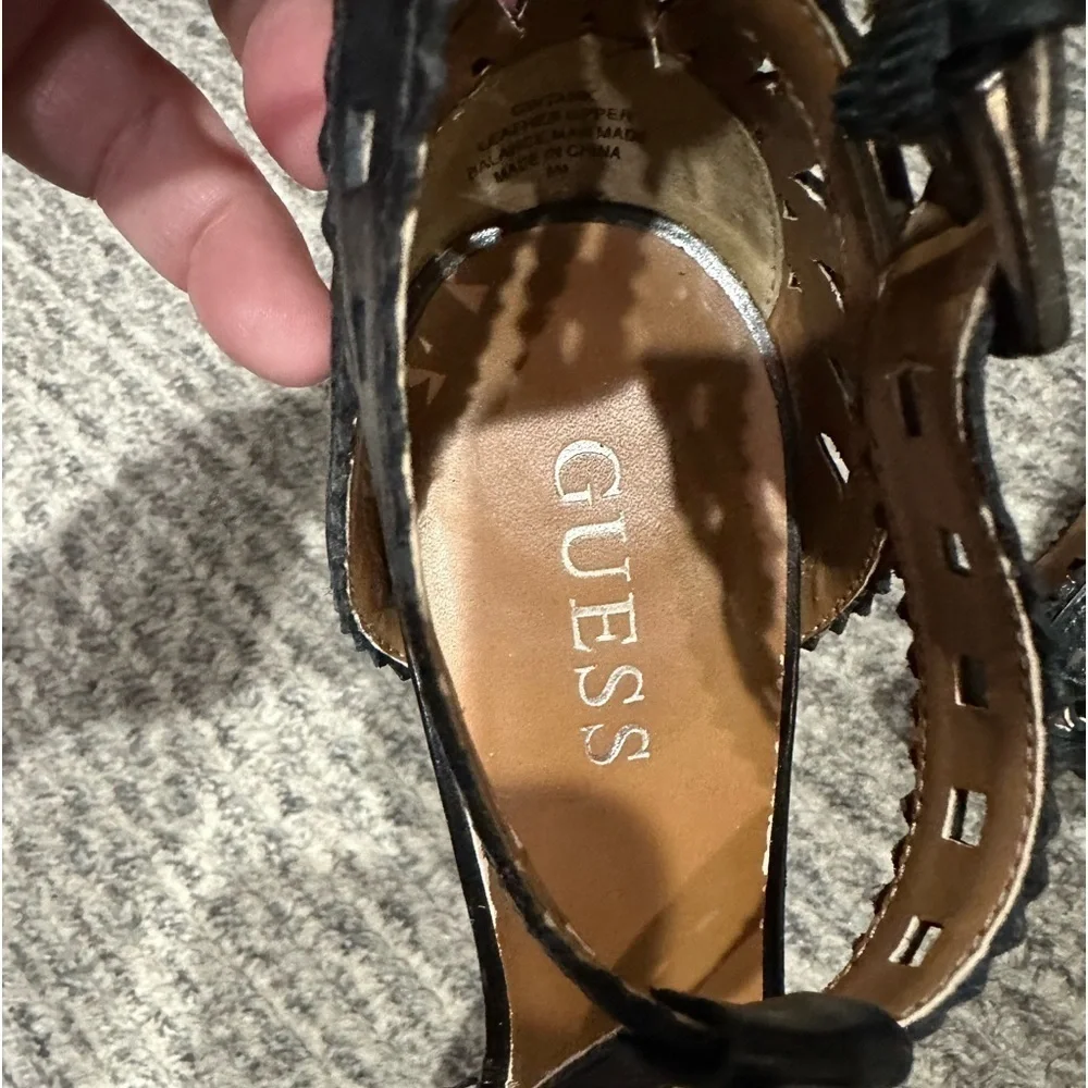 GUESS T-strap black leather platform heels, open toe with cut outs GWTANK
